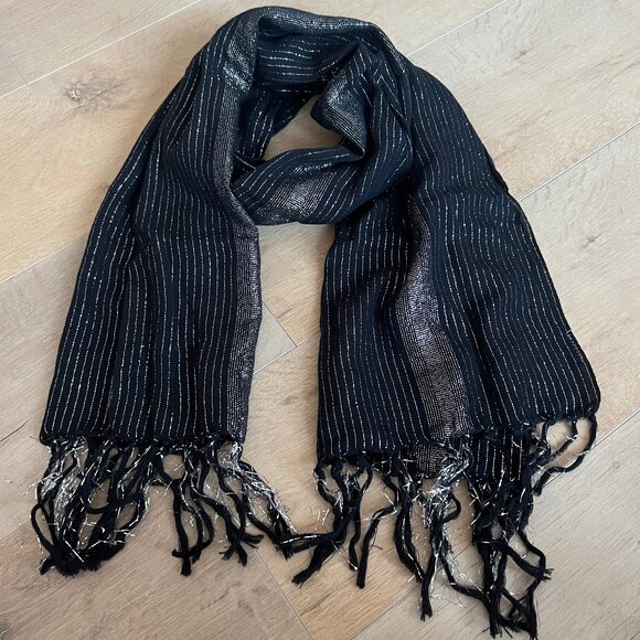 Black Sheer Scarf with Tinsel Stripes - Picture 1 of 2